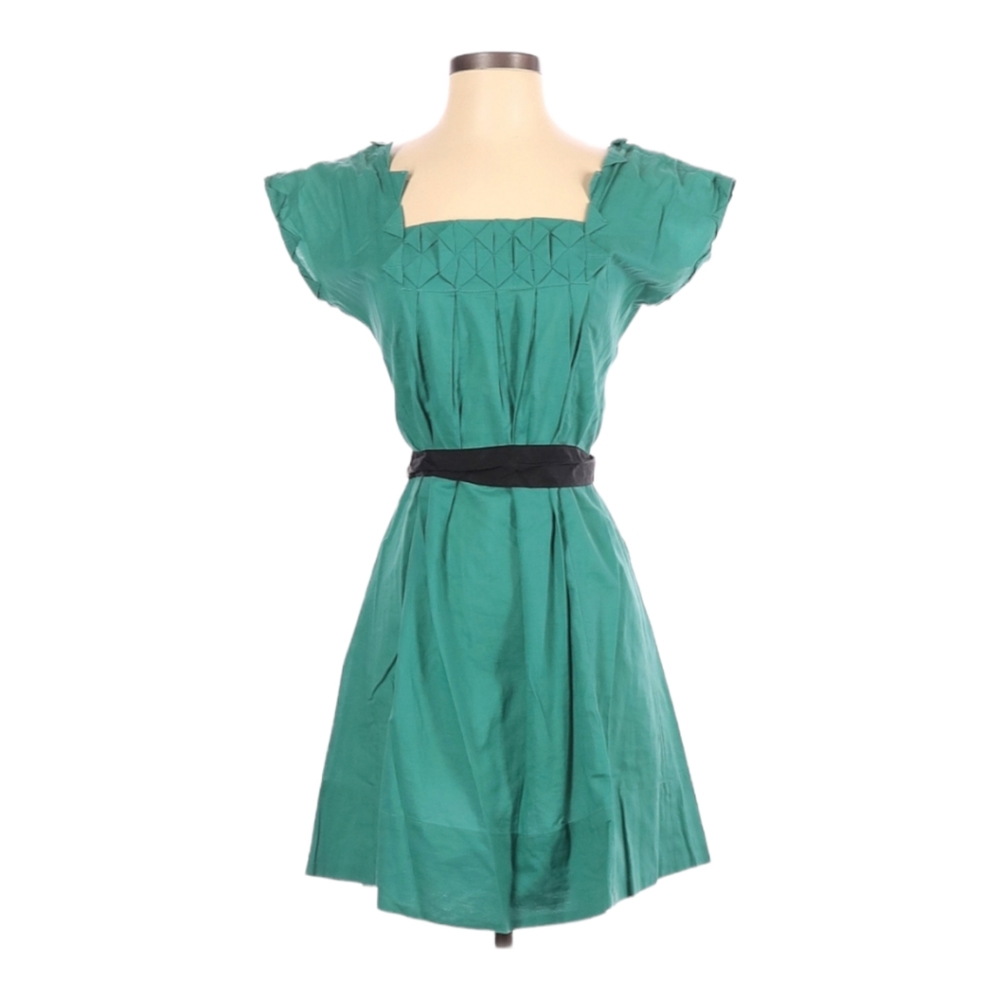 Cielo Lightweight Cotton Dress Size S Square Neck Turquoise Black Belted Pleated